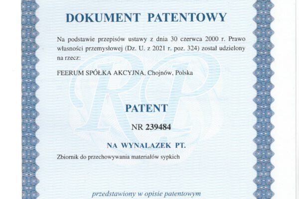 Mamy patent na zbiornik do przechowywania materiałów sypkich